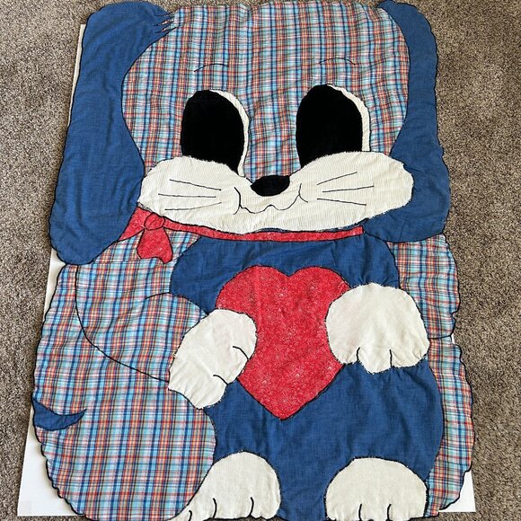 Handmade Dog Puppy w/ Heart Quilt Blanket Children Play Mat Vintage 38x52 Inch